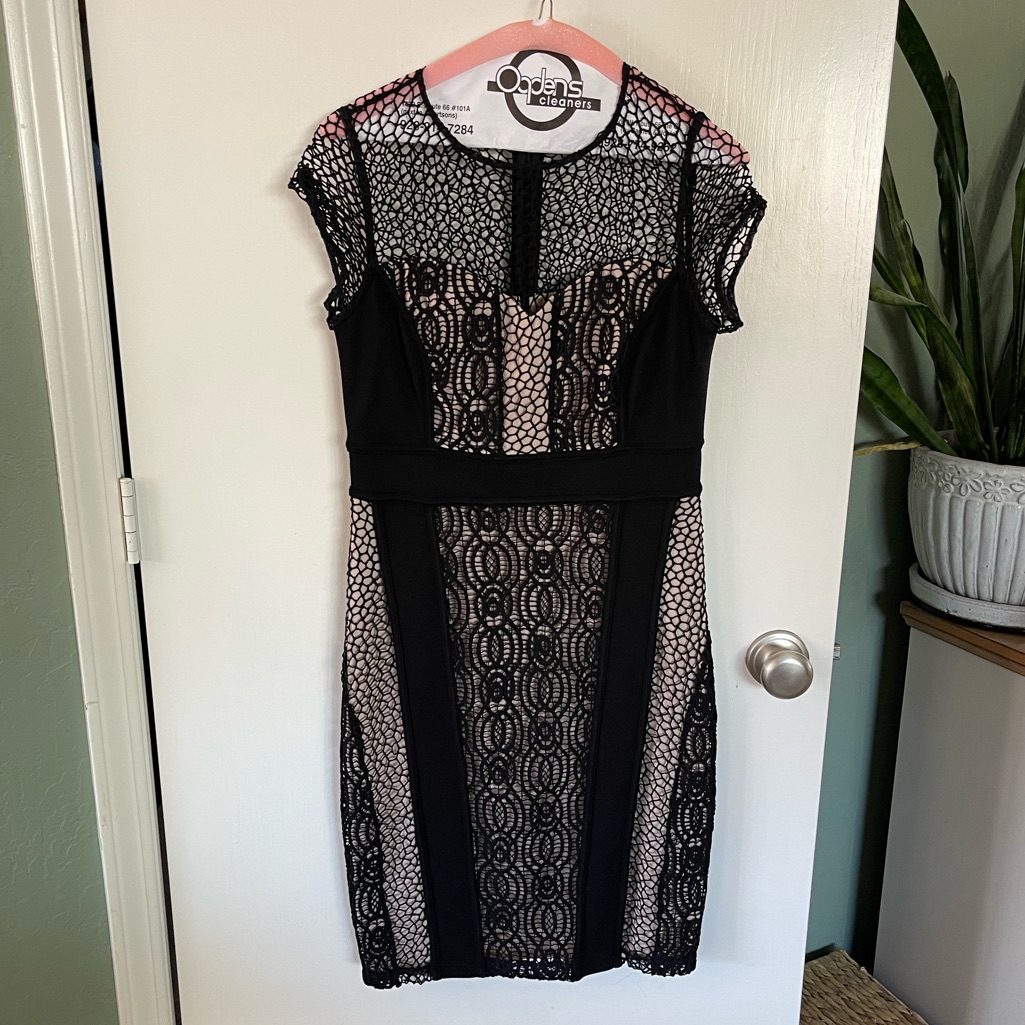 Bodycon Lace Overlay Dress Midi Size 6 Black With Nude. Nue By Shani.